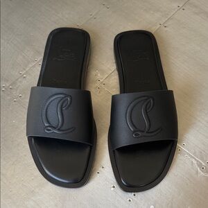 Christian Louboutin cl mule flat black leather sandal slip on slide sz 38